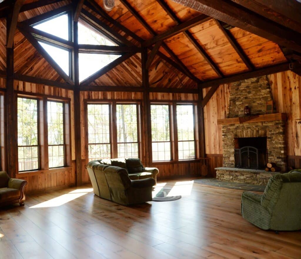 Room with Wood Floors Wood Ceiling and Custom Wood Beams