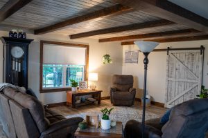 Living Room with Tongue and Groove Ceiling Planks