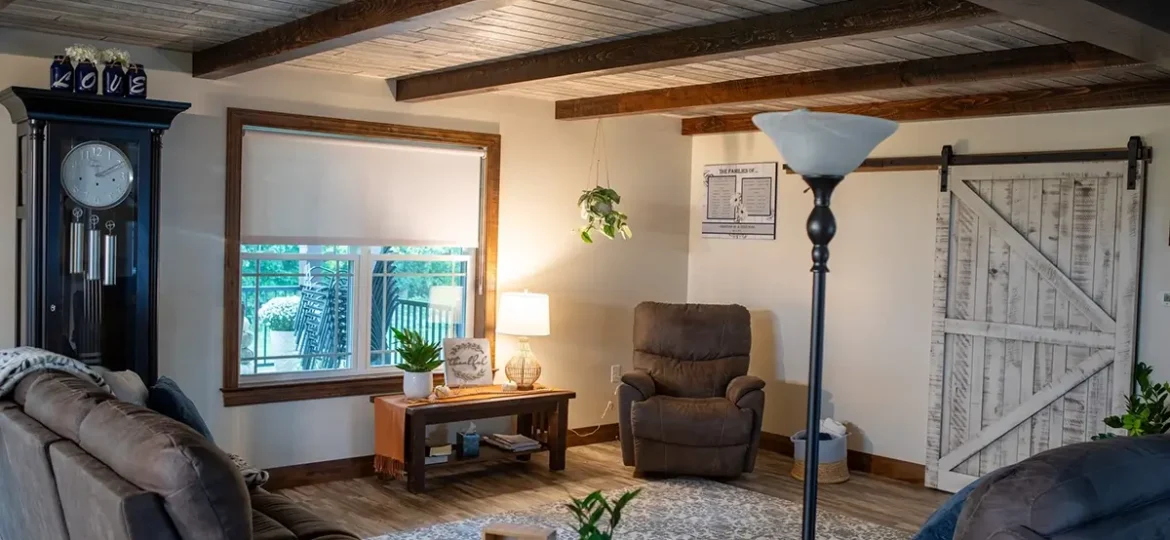 Living Room with Tongue and Groove Ceiling Planks